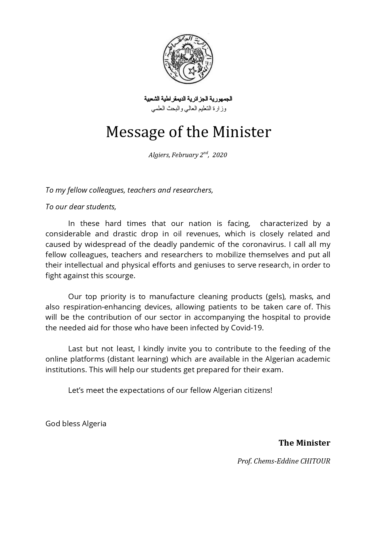 en Message Ministre Enseignants Chercheurs Etudiants page 0002